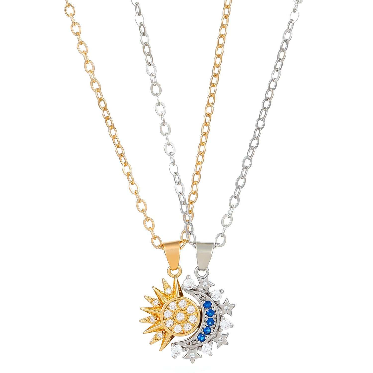 Gold and silver couple set sun and moon necklaces with geometric design and blue crystal accents