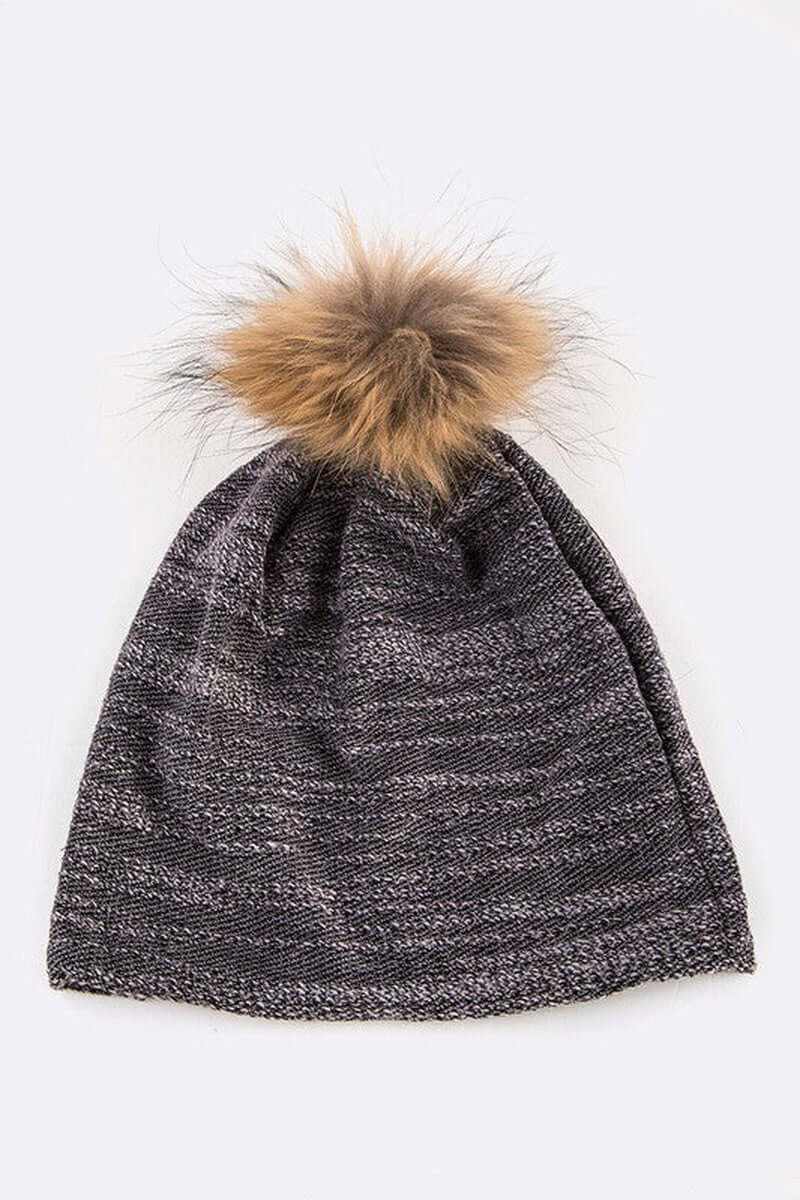 Cozy faux cotton blend slouchy pom beanie in gray with a playful faux fur pom on top.