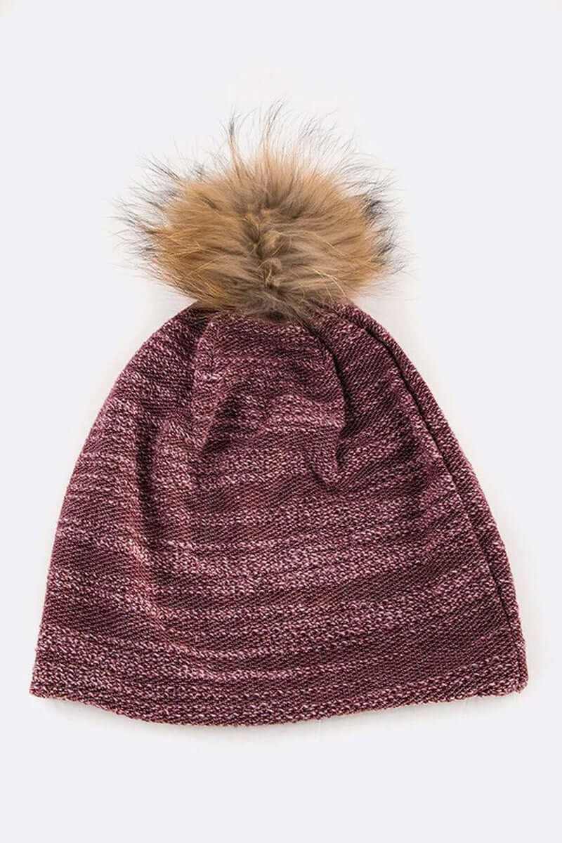 Cozy faux cotton blend slouchy beanie with a playful faux fur pom in burgundy.