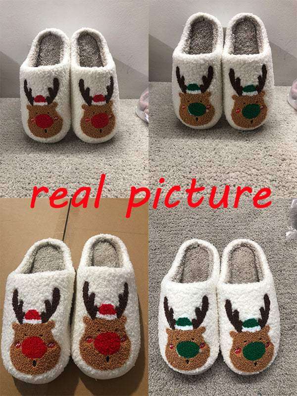 cozy winter home slippers with plush material and reindeer design for warmth and comfort