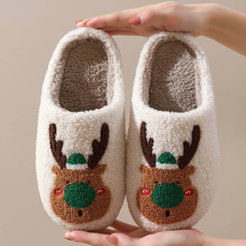 cozy winter home slippers with plush reindeer design and soft lining for warmth and comfort