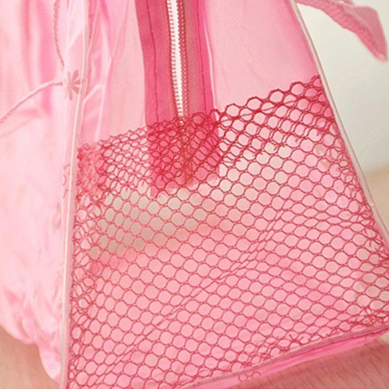 Transparent pink travel floral waterproof cosmetics bag with mesh pocket and zipper closure