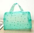 Transparent travel floral waterproof cosmetic bag with handle in green PVC material