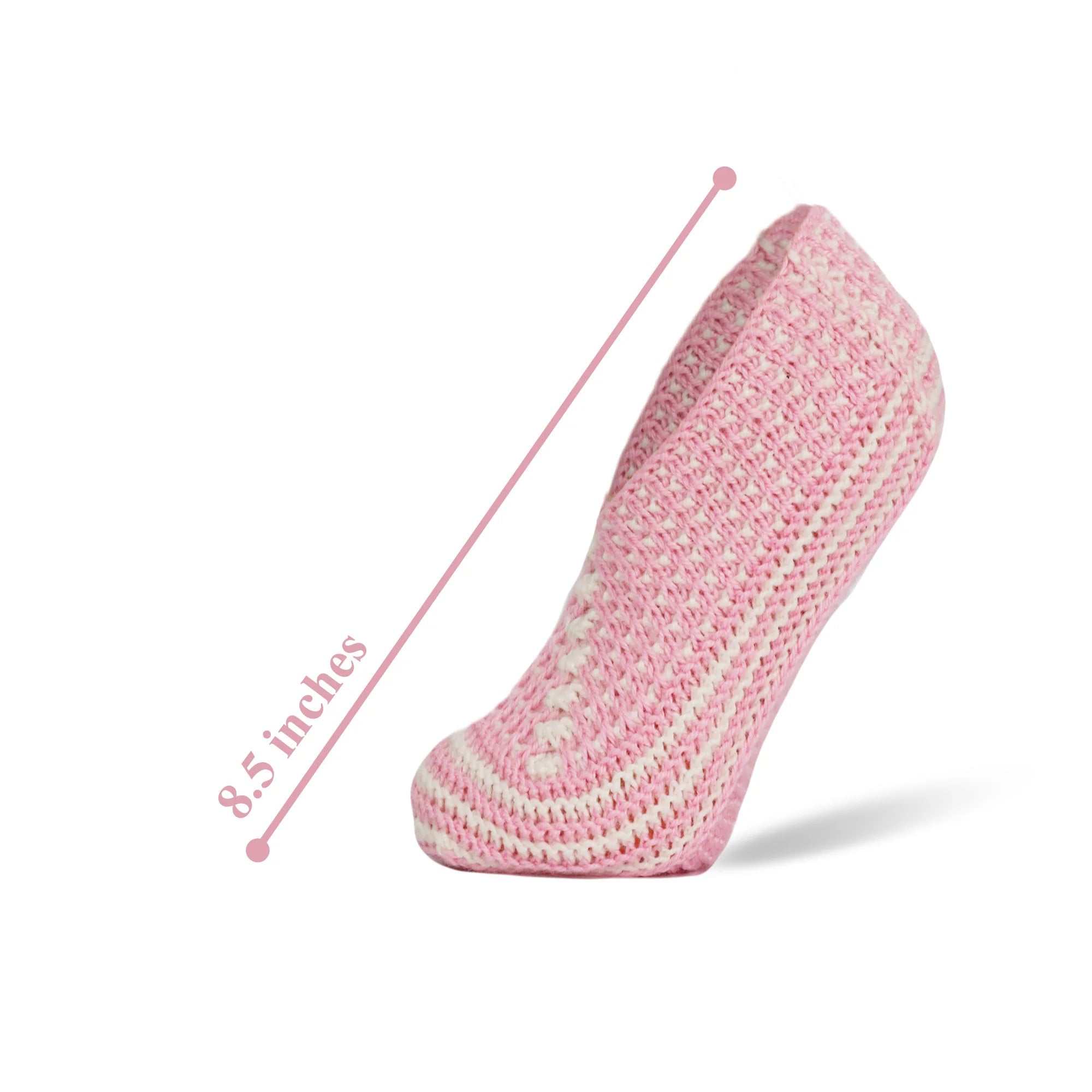 Hand-knitted pink crochet slipper sock for women, measuring 8.5 inches, perfect for warmth and comfort.