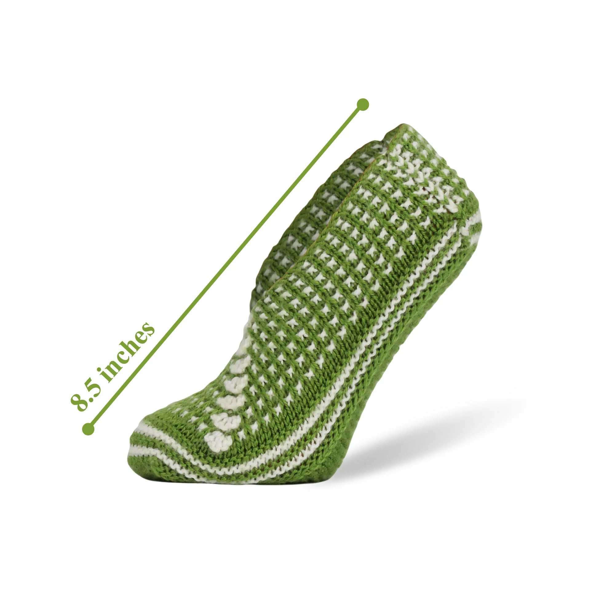 Handmade crochet green slipper sock size 5-7 measuring 8.5 inches, perfect for year-round comfort.