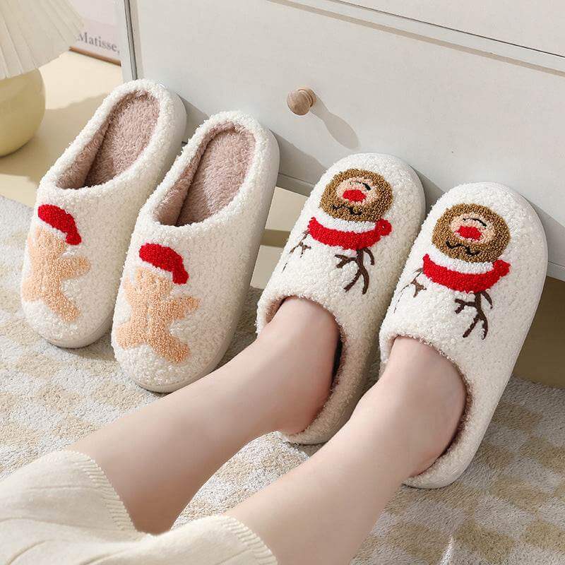 Cozy Santa Claus and reindeer cartoon design warm fleece slippers for winter