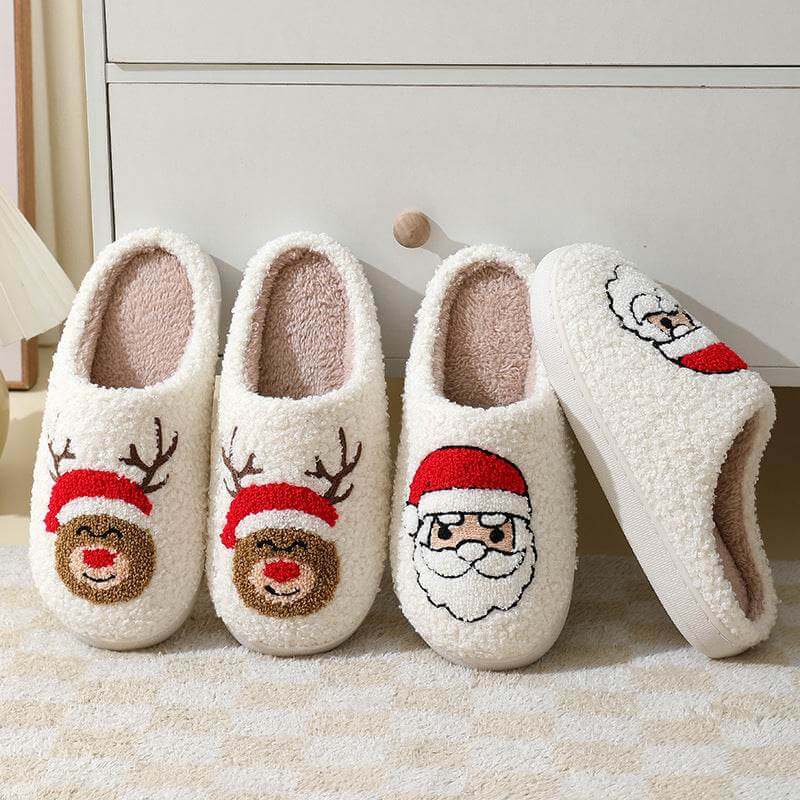 Cozy Santa Claus slippers and reindeer plush winter footwear with soft suede and TPR sole