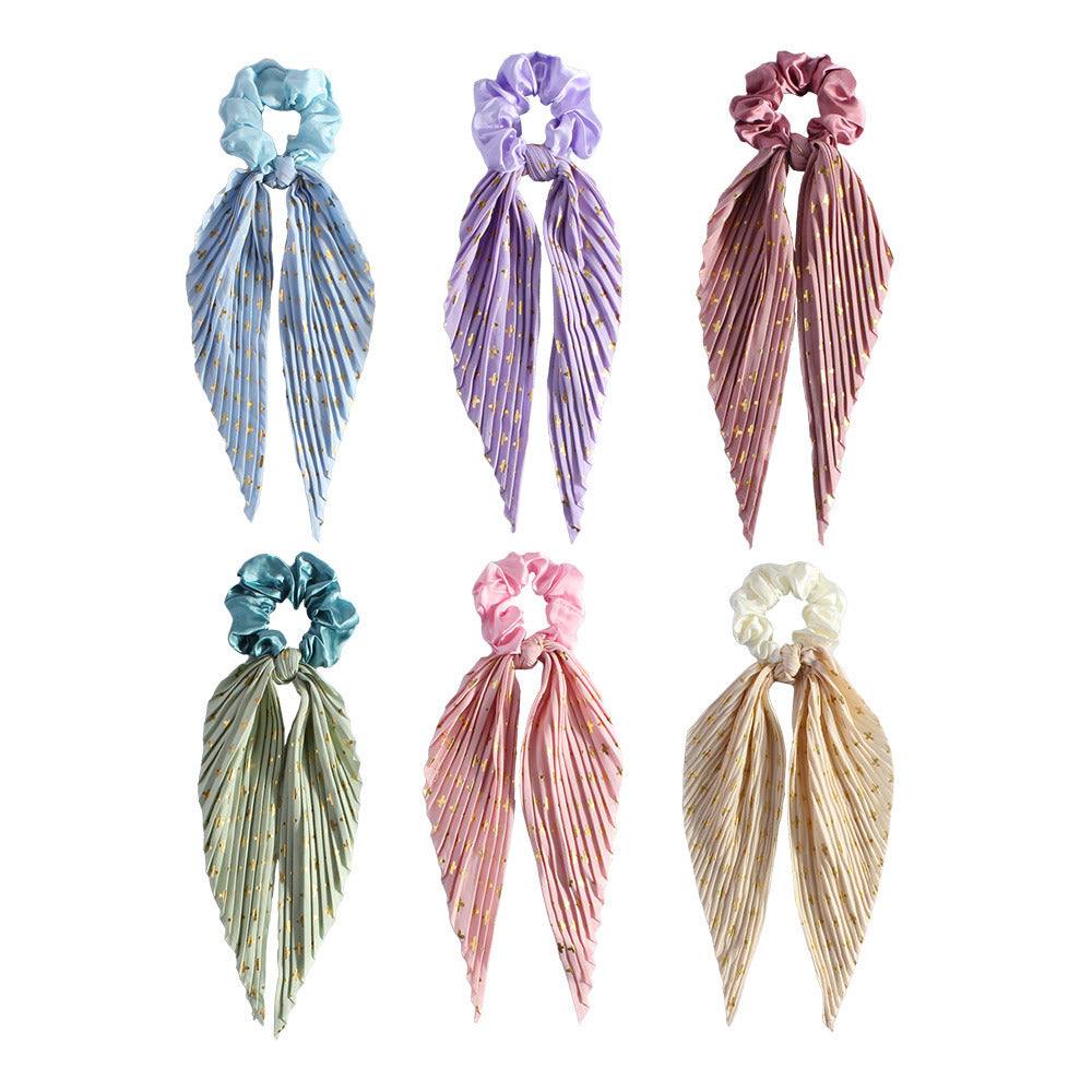 Set of six silk ponytail hair loops with floral printed elastic bands in pastel colors