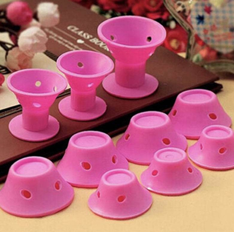 Pink silicone hair curlers for damage-free styling in various sizes