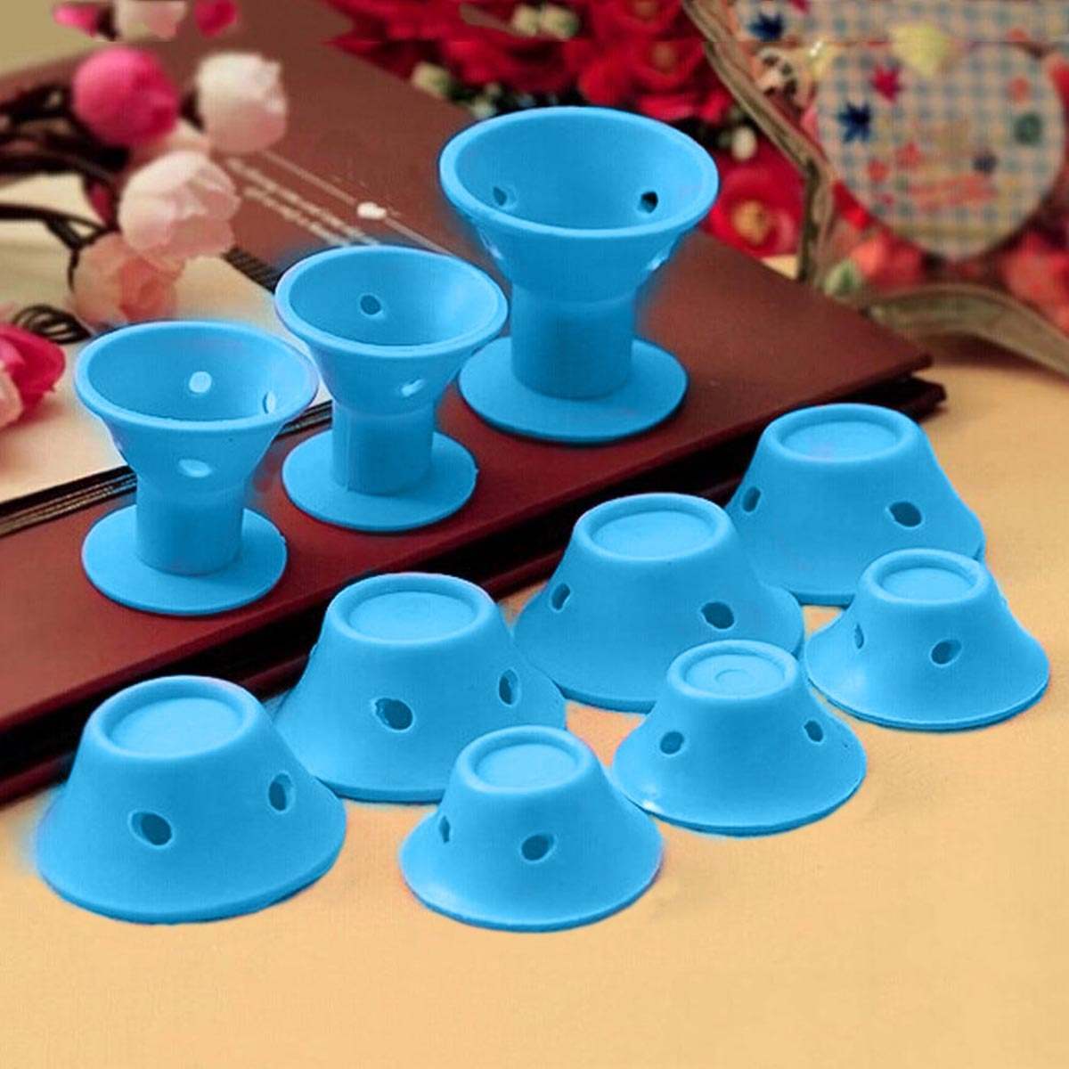 Blue silicone hair curlers for damage-free styling in various sizes
