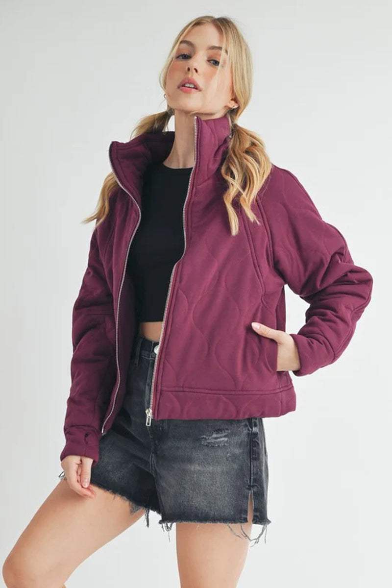 Darla Quilted Jacket in burgundy, featuring a boxy fit, relaxed style, and cozy design, perfect for layering.