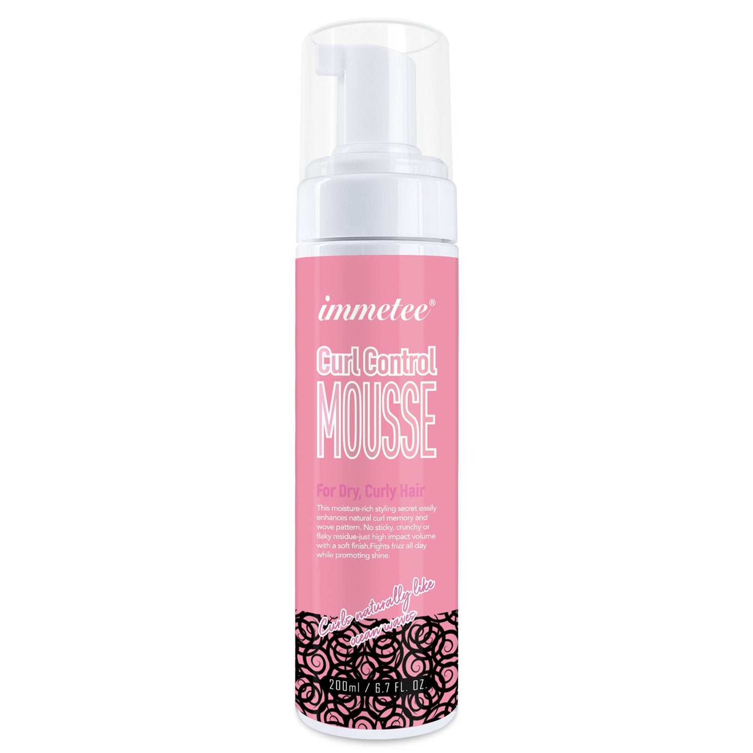 Defining & Moisturizing Curly Hair Mousse bottle with pink label and black curl design for moisturizing and curl control