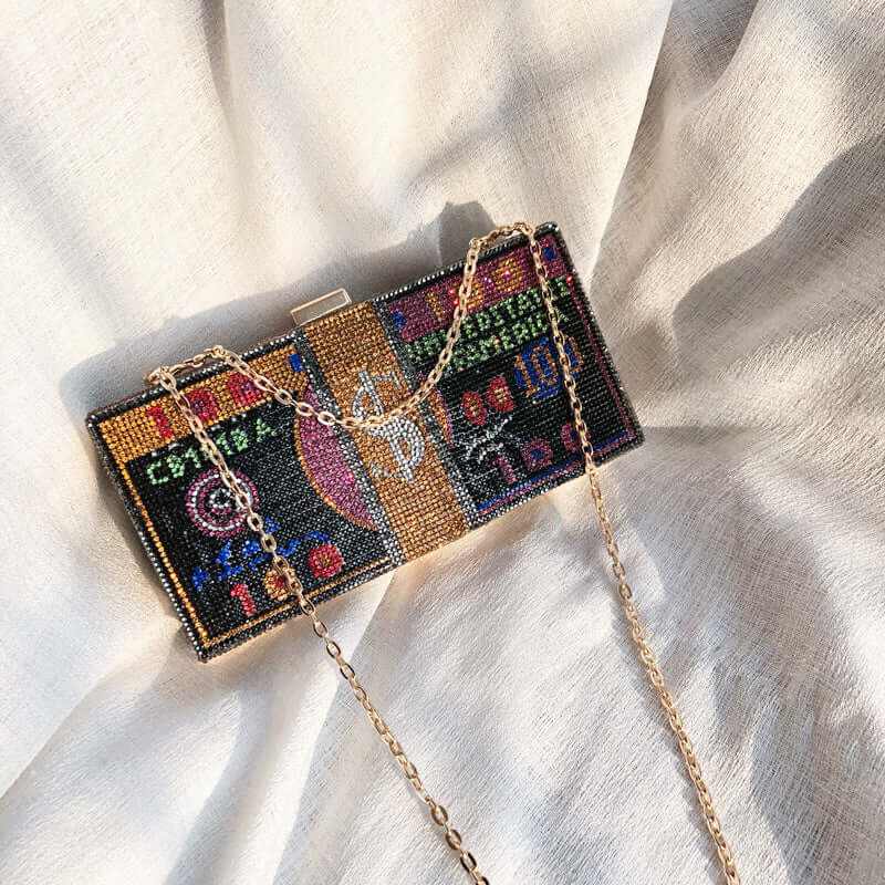 Stylish Diamond Crystal Dollar Women’s Luxury Clutch with chain, featuring colorful rhinestone design for night outings.