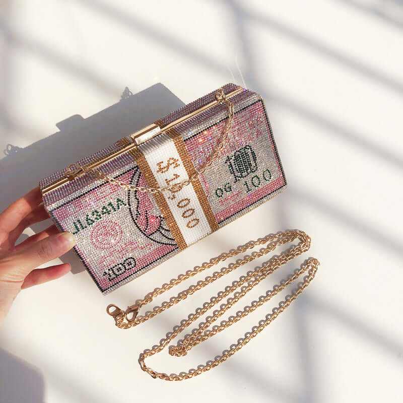 Diamond Crystal Dollar women’s luxury clutch purse with rhinestones and chain, perfect for stylish night outs.