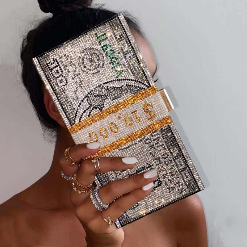 Diamond Crystal Dollar luxury clutch purse embellished with rhinestones, perfect for bold fashion statements.