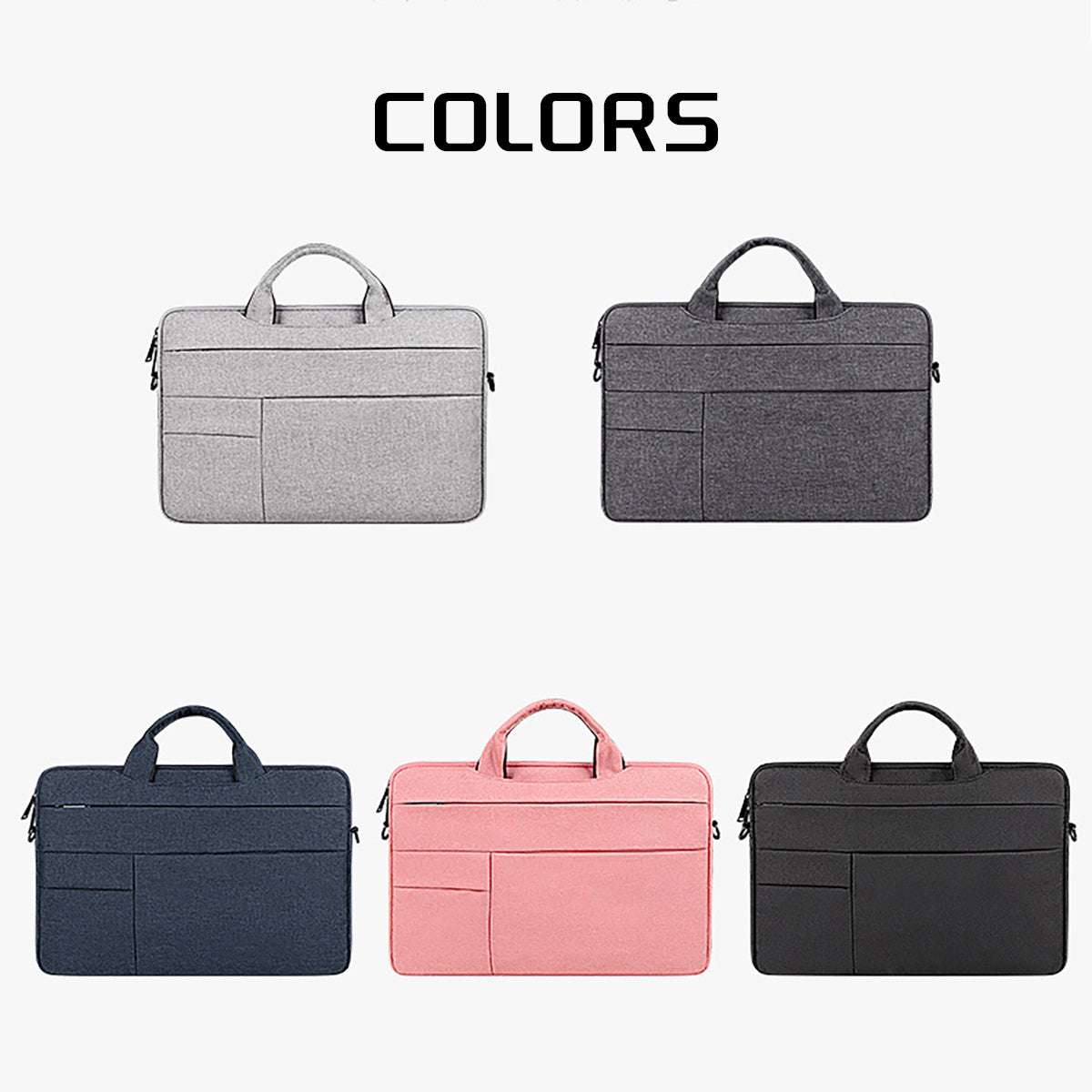 laptop bag with shoulder strap available in five colors: grey, dark grey, navy, pink, and black.
