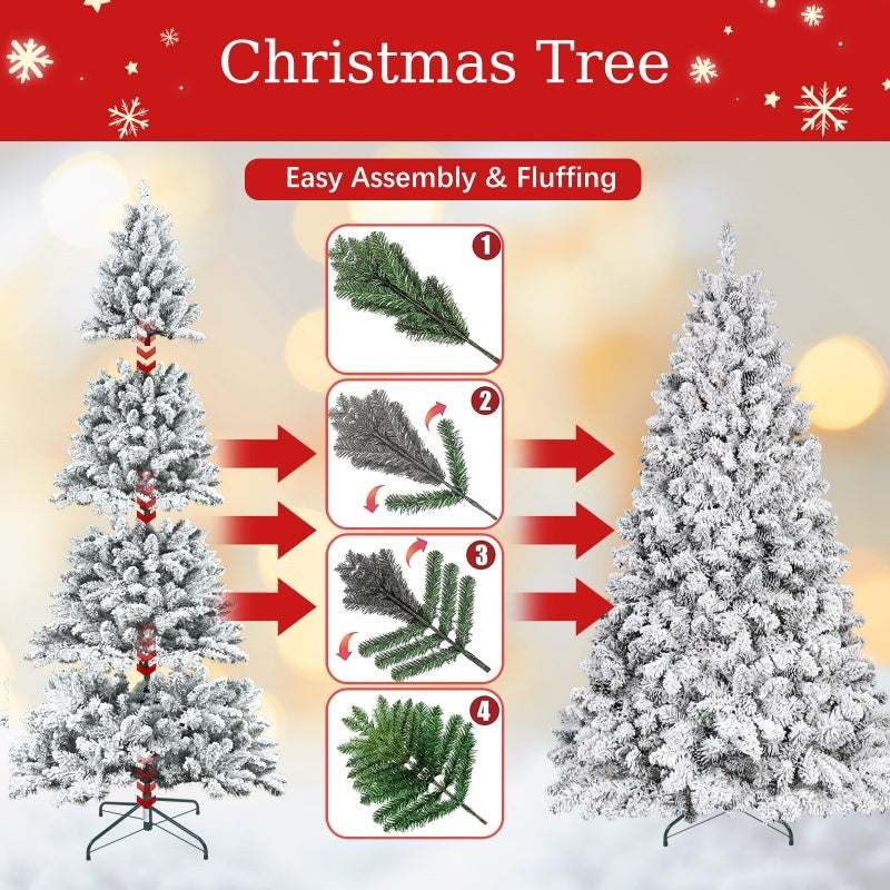 pvc flocked christmas tree with easy assembly and fluffing instructions, showcasing branches and tree setup process.