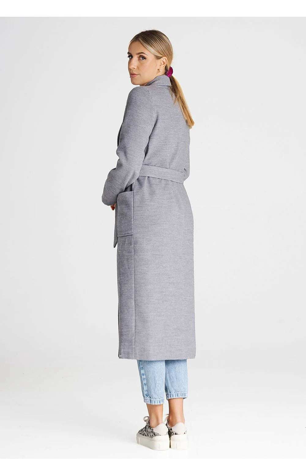 Elegant Figl belted trench coat, gray, long sleeve, back view with tie belt and pockets, fashion outerwear.
