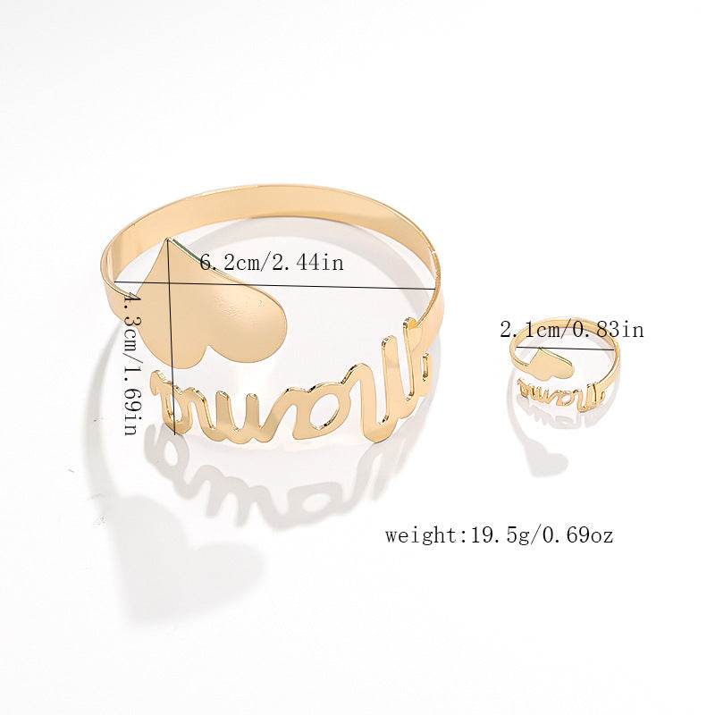 European and American letters mama bracelet and ring set in gold zinc alloy with love heart design