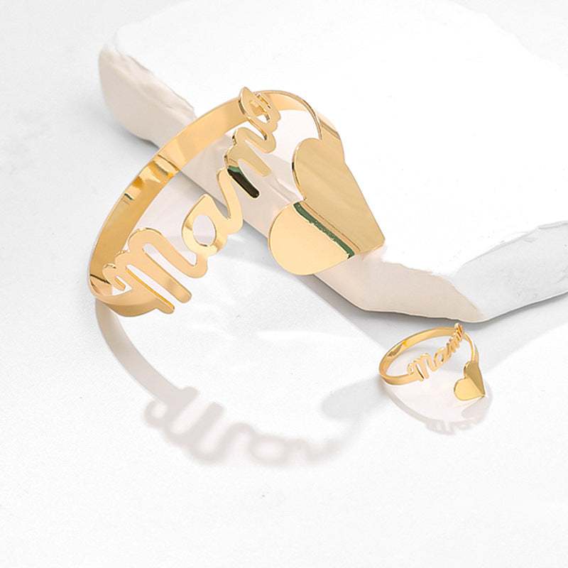 Gold European and American letters mama bracelet and ring set with heart design zinc alloy fashion jewelry