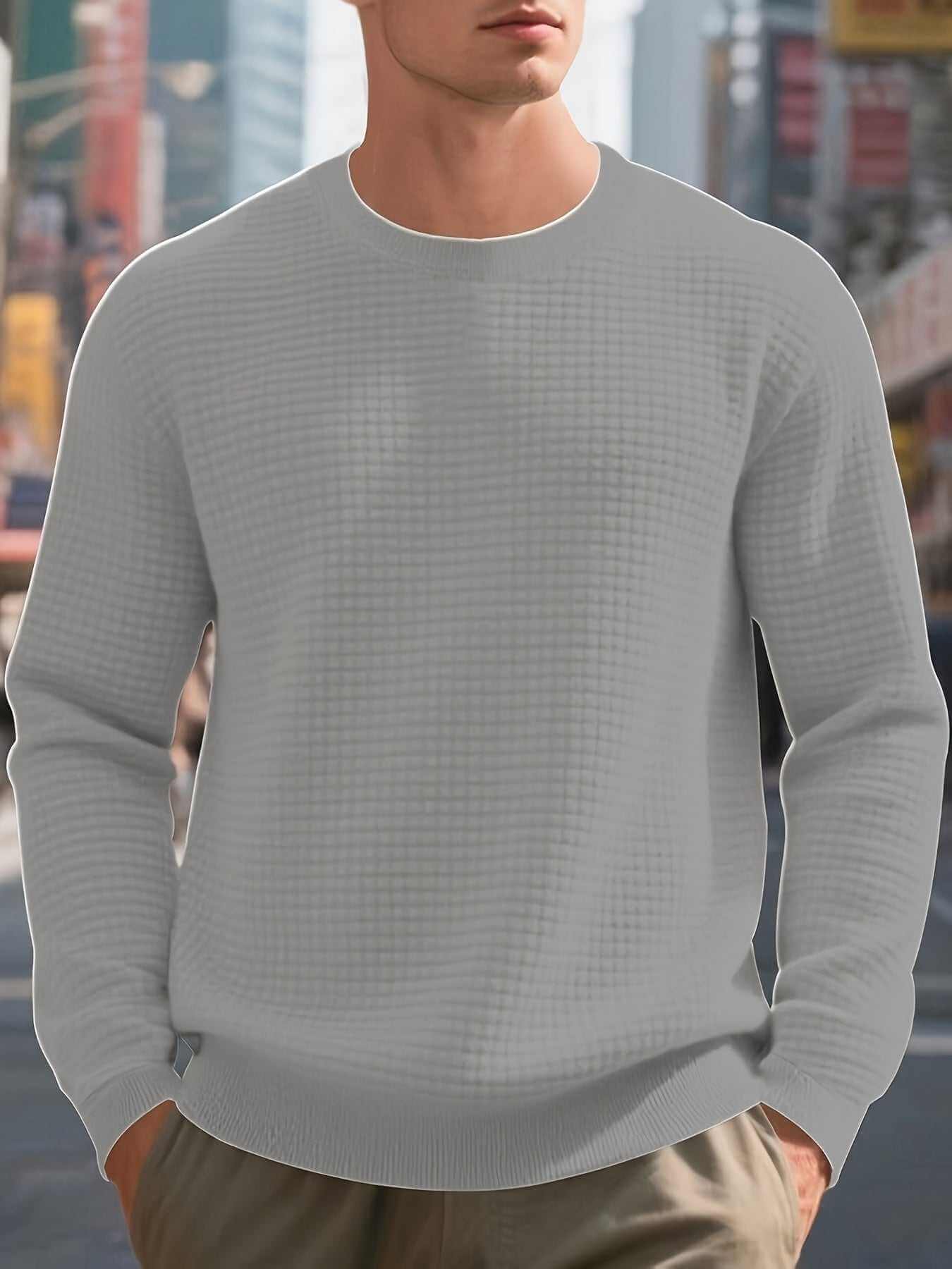 men's jacquard round neck hoodie in light grey with textured fabric design