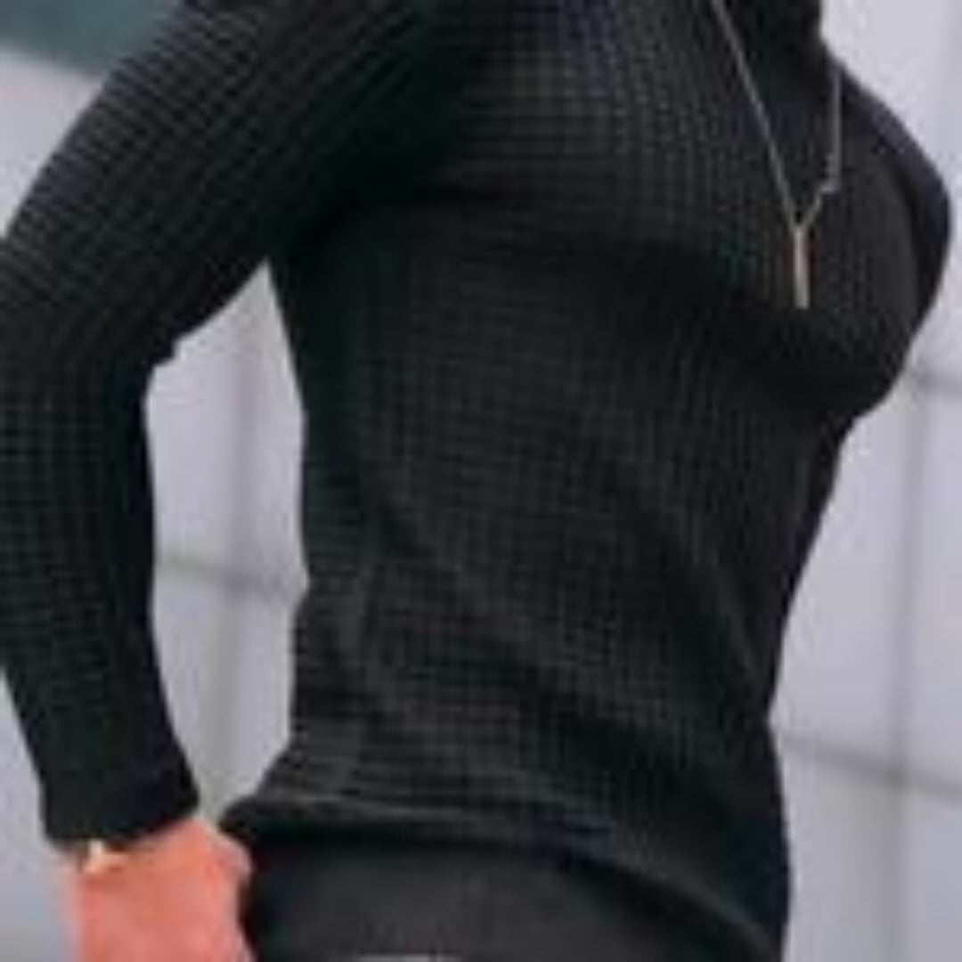 black jacquard round neck hoodie for men with long sleeves and fitted design
