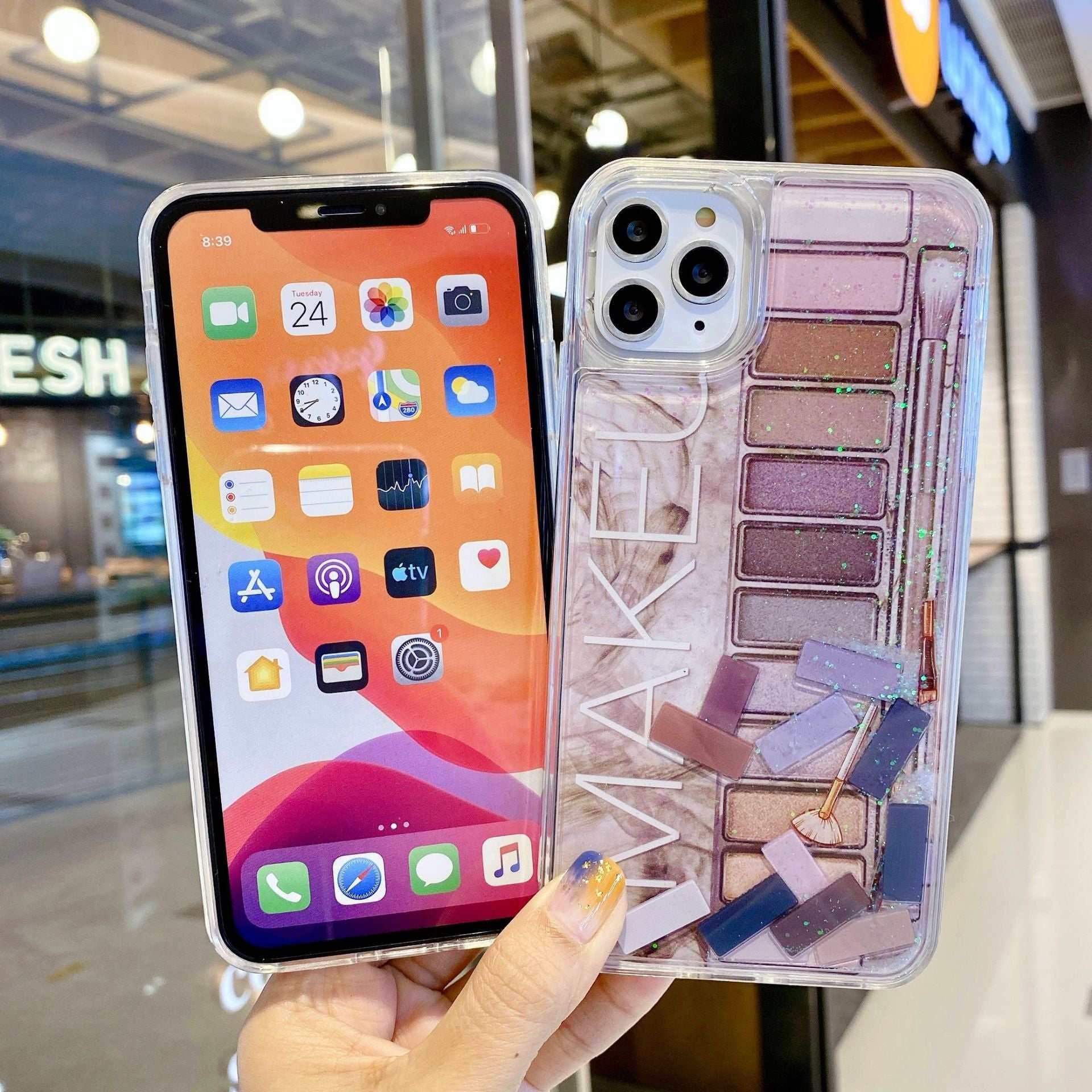 iPhone case with clear eyeshadow palette cosmetics design in pink and grey colors, anti-fall plastic rear cover style