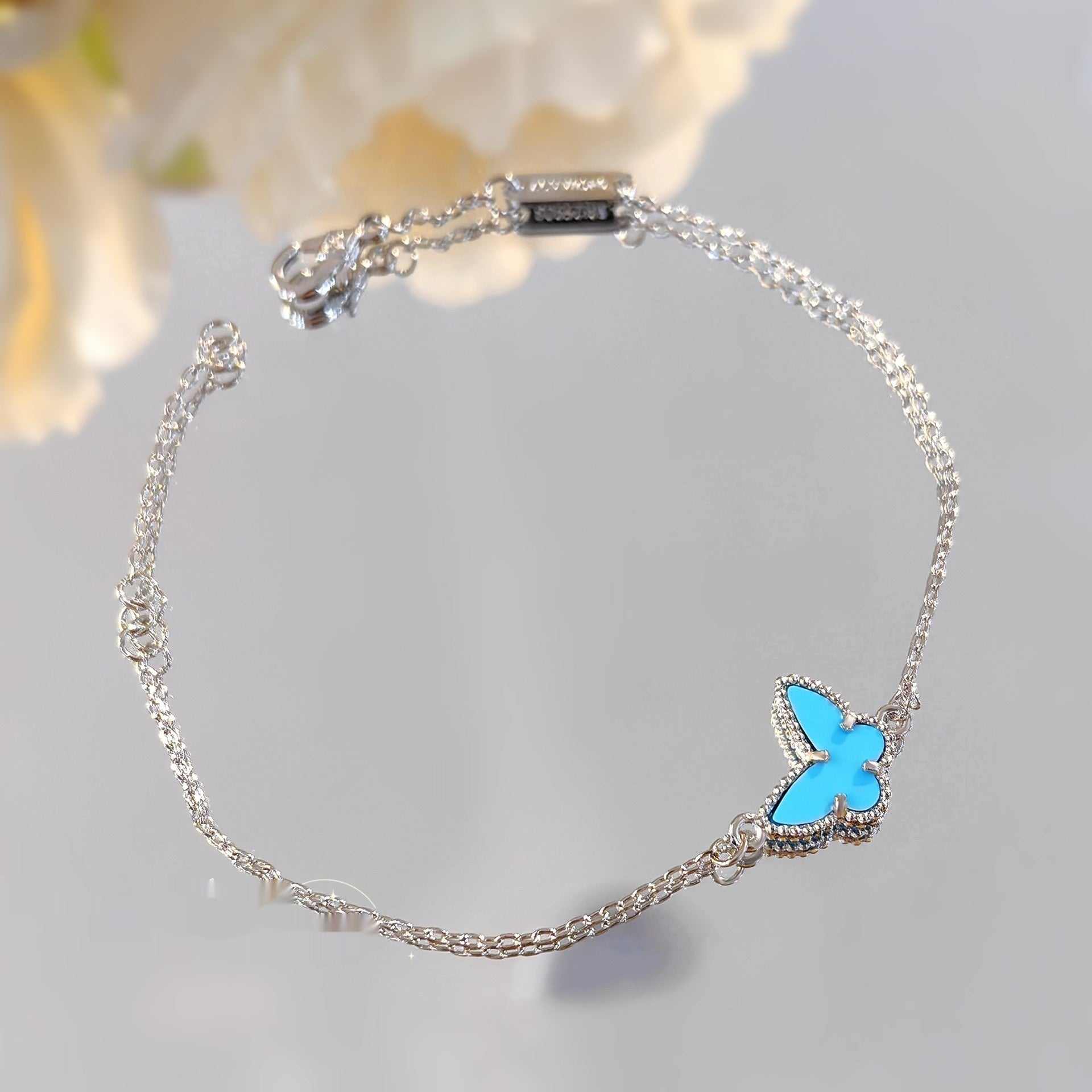 Delicate fashion blue turquoise butterfly bracelet with silver chain and copper electroplated bow insect design