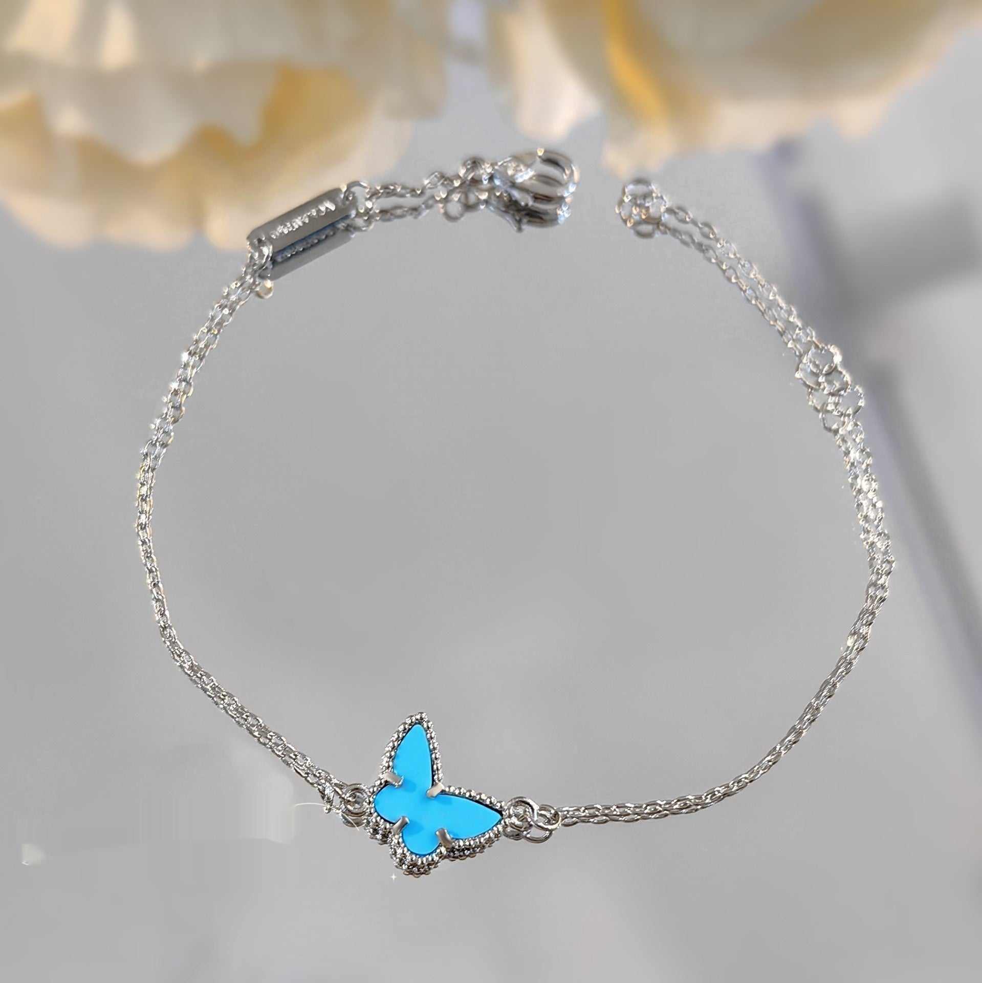Fashion blue turquoise butterfly bracelet with silver chain, unisex copper bow insect design