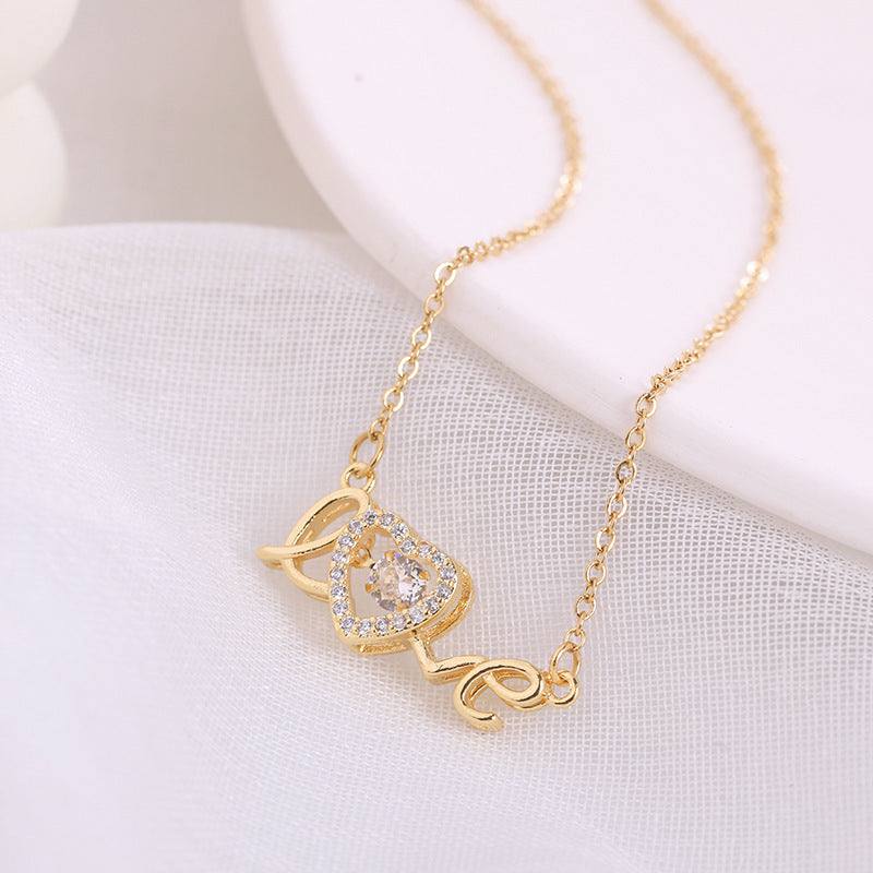 Gold Fashion Clavicle Chain necklace with love heart pendant and crystal accents