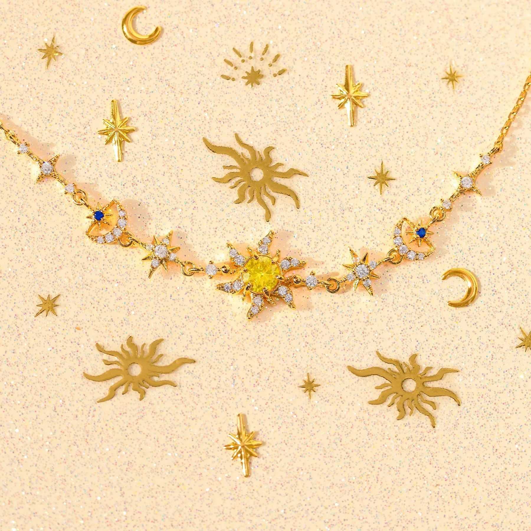 Fashion Sun Eight gold plated star moon heart bracelet for women on glitter background