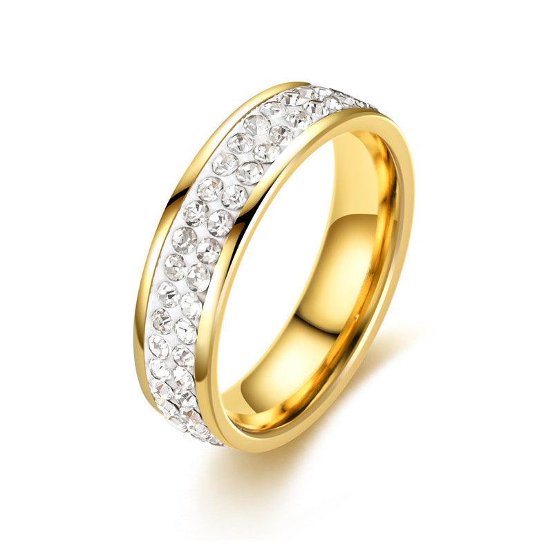Fashionable elegant stainless steel gold-tone ring with clear crystals, non-fading titanium steel couple ring design