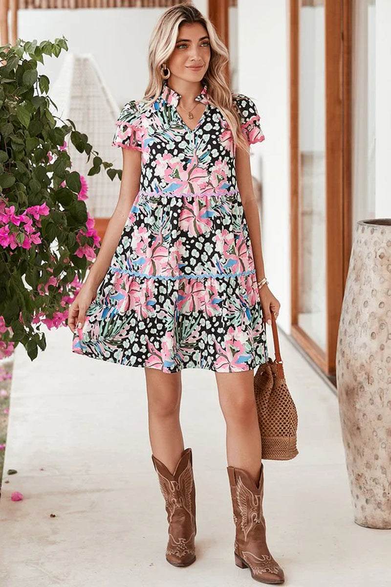 Floral Ricrac Embellished Tiered Mini Dress with short sleeves and leopard floral prints, perfect for warm weather.