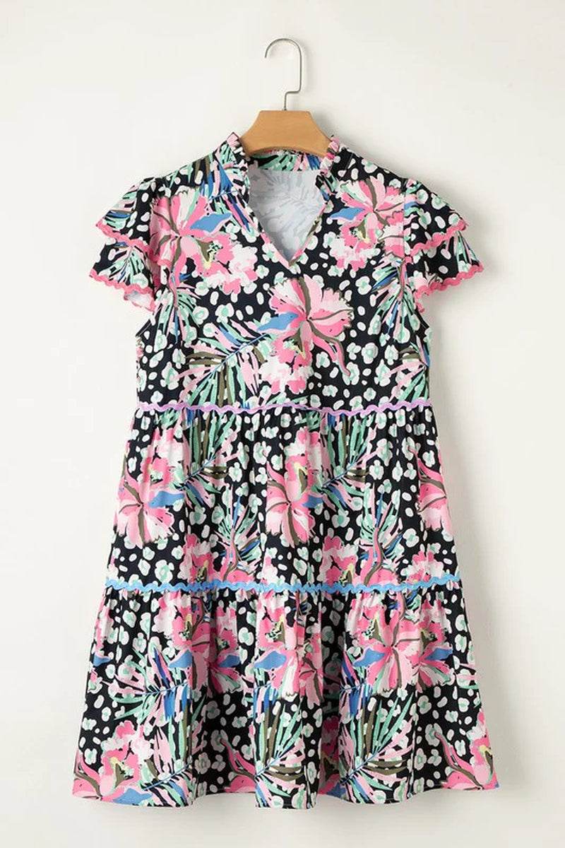 Floral Ricrac Embellished Tiered Mini Dress featuring a vibrant floral and leopard print design, perfect for warm weather.