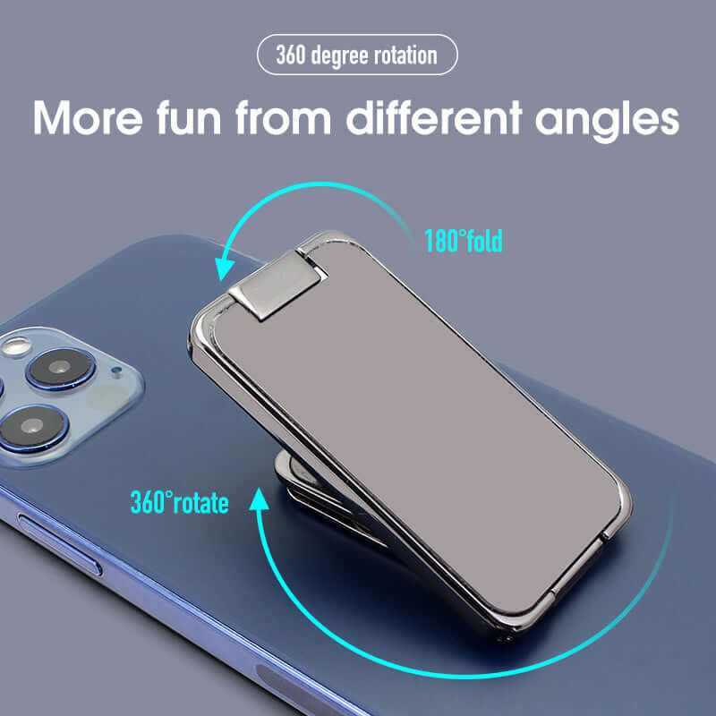 Foldable mobile phone holder with 360-degree rotation and 180-degree fold on a smartphone, showcasing adjustable angles.