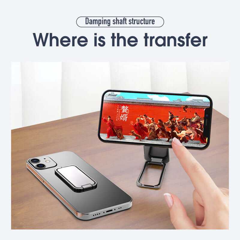 Foldable mobile phone holder with damping shaft structure, supporting smartphone at an adjustable angle on a desk.