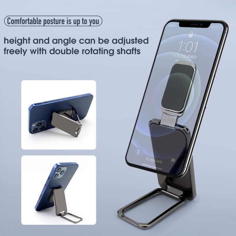 Foldable mobile phone holder showing adjustable height and angle for comfortable viewing.