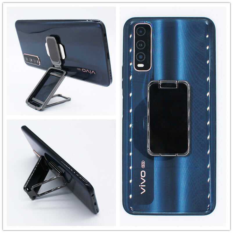 Foldable mobile phone holder in multi-angle position, compatible with smartphones, ideal for video watching and gaming.