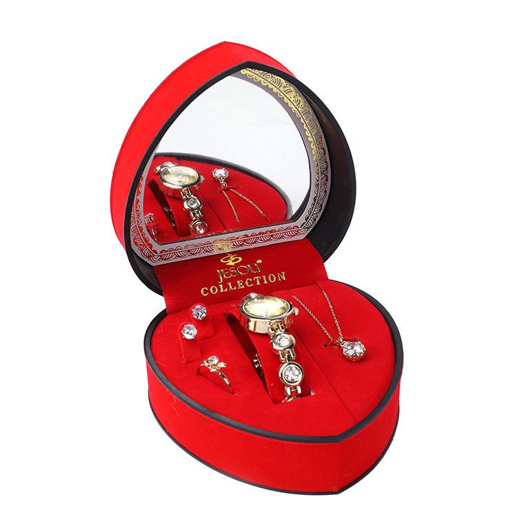 Luxury necklace and earrings gift set in red heart-shaped box with mirror and diamond-encrusted alloy jewelry