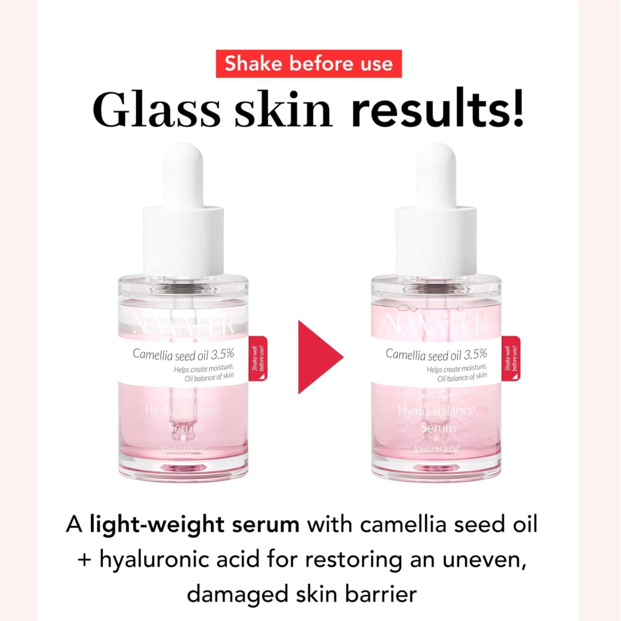 Bottle of Camellia seed oil 3.5% serum for glass skin results and restoring damaged skin barrier.