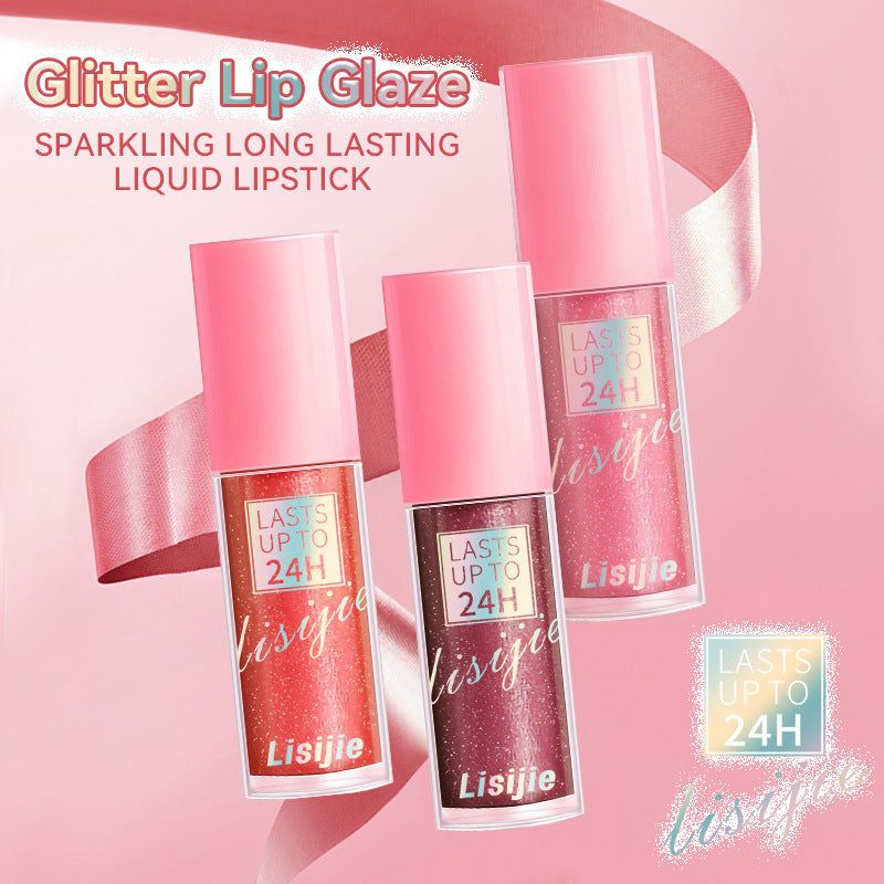 sparkling long-lasting luxury lipstick with glitter lip glaze in pink packaging