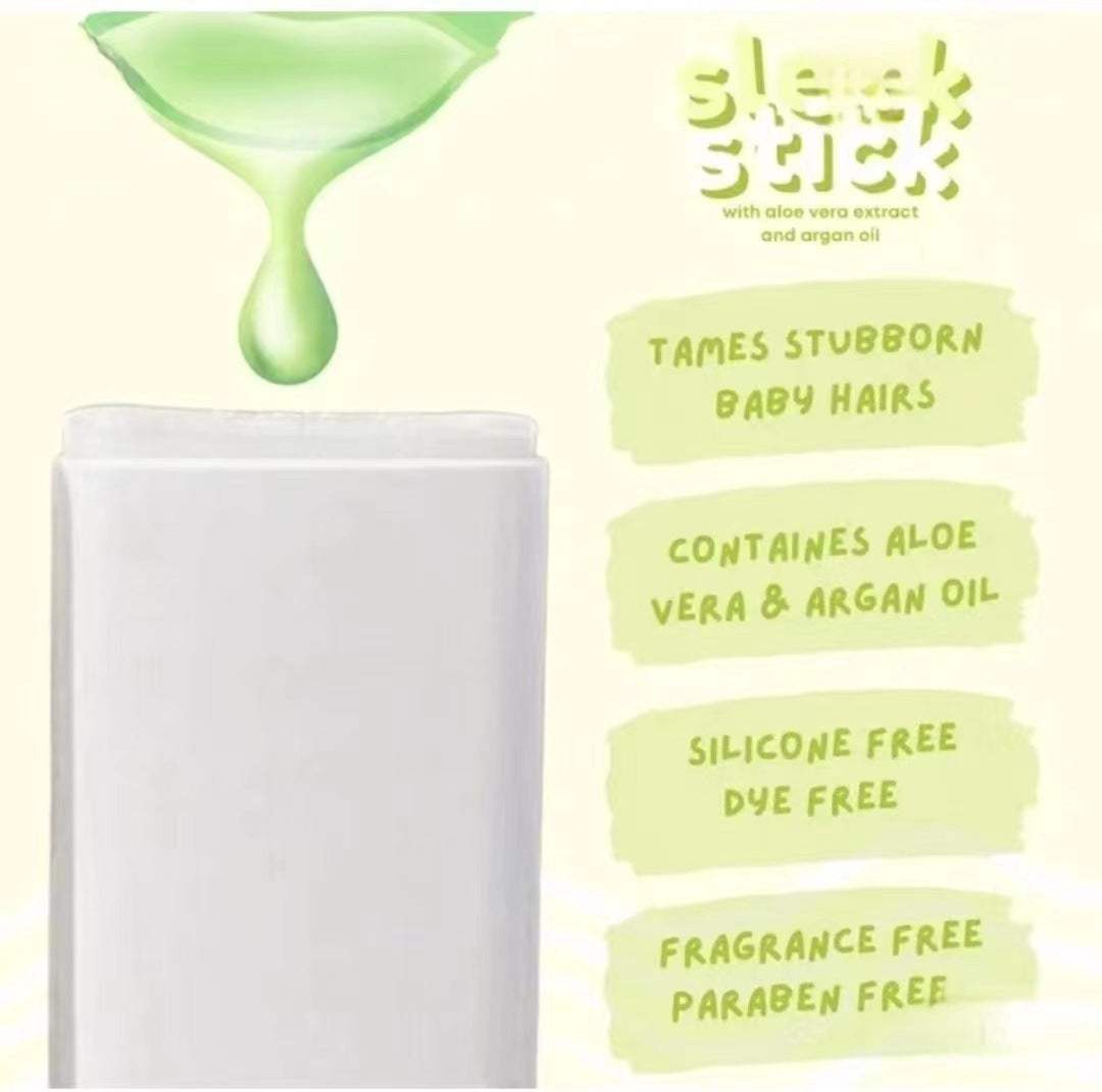 Hair Wax Stick with aloe vera and argan oil for taming stubborn baby hairs, silicone-free, dye-free, fragrance-free, and paraben-free.