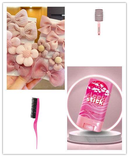 Pink hair wax stick for smoothing and controlling frizzy hair with decorative hair accessories and styling brushes.