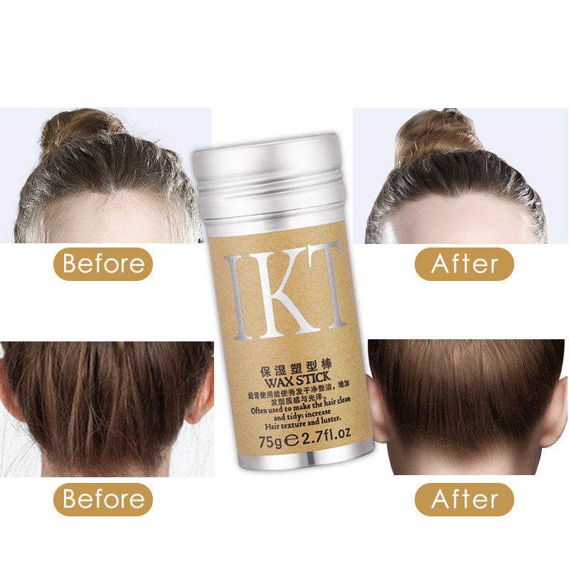 Hair wax stick showing before and after effects on short hair styling and taming broken hair