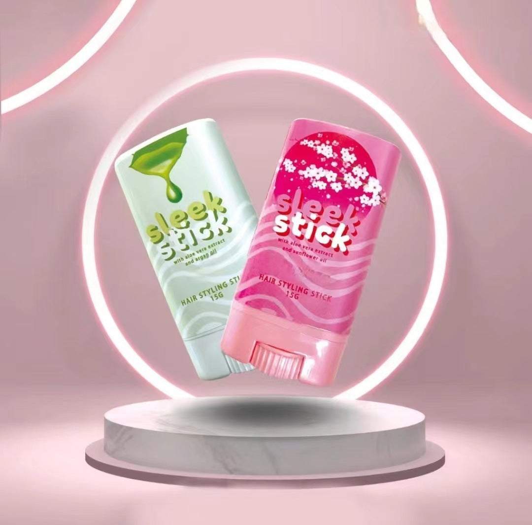 Hair Wax Stick styling product for smooth and frizz-free hair in green and pink sleek stick packaging