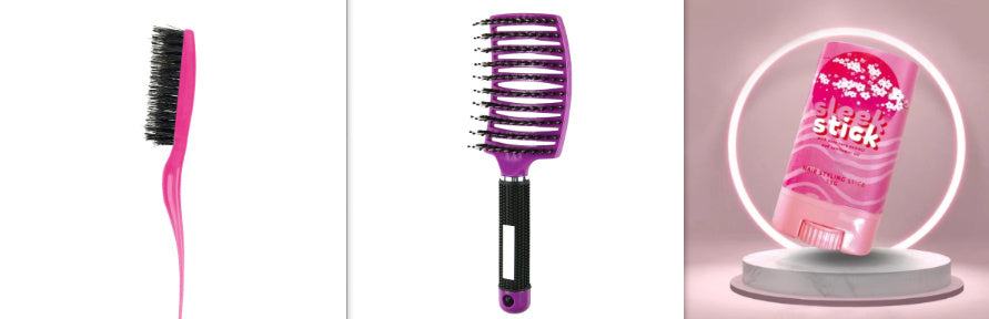 Hair Wax Stick for smooth, frizz-free hair with a pink and purple hairbrush on white background