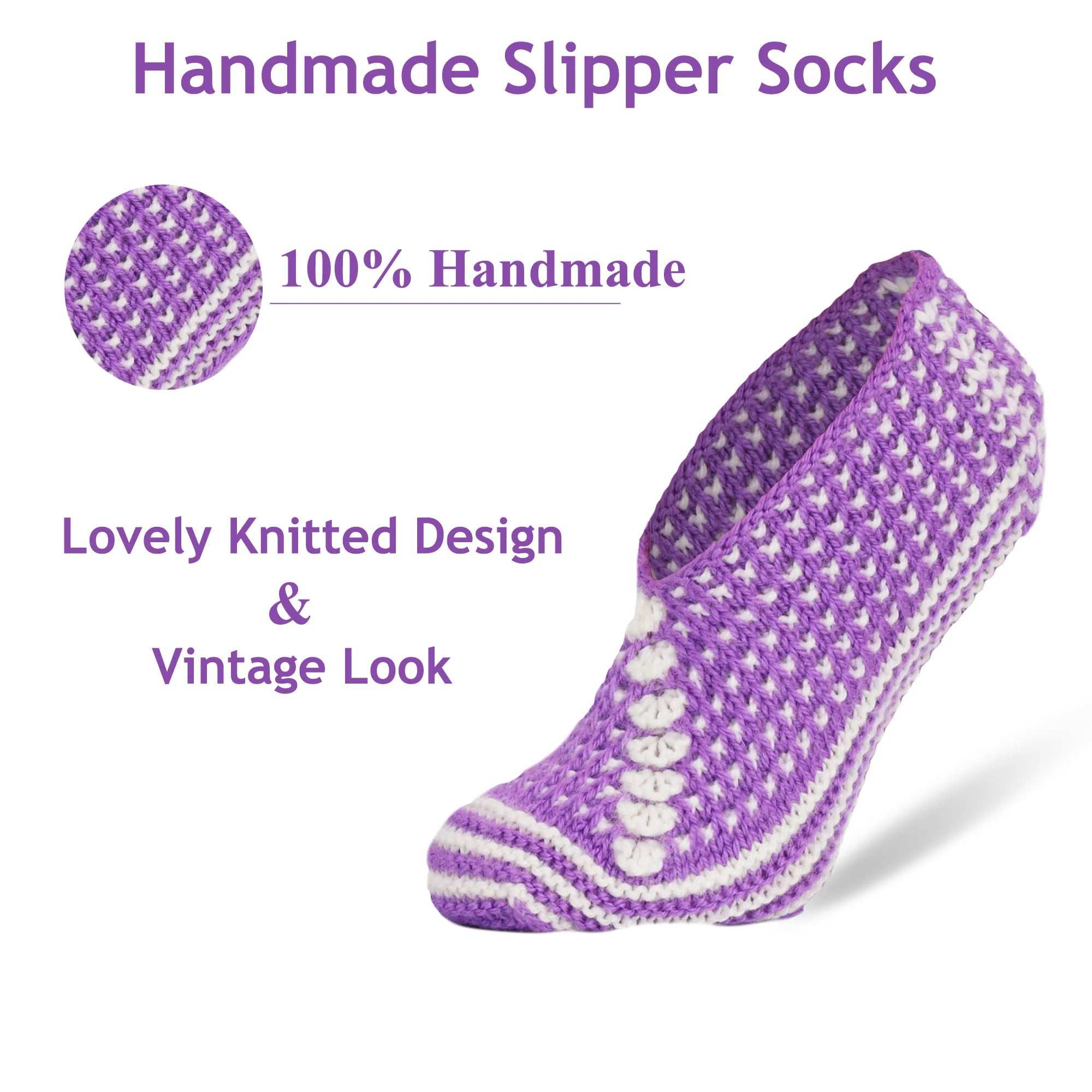 Handmade crochet slipper socks in purple with vintage design, showcasing high-quality craftsmanship and cozy comfort.