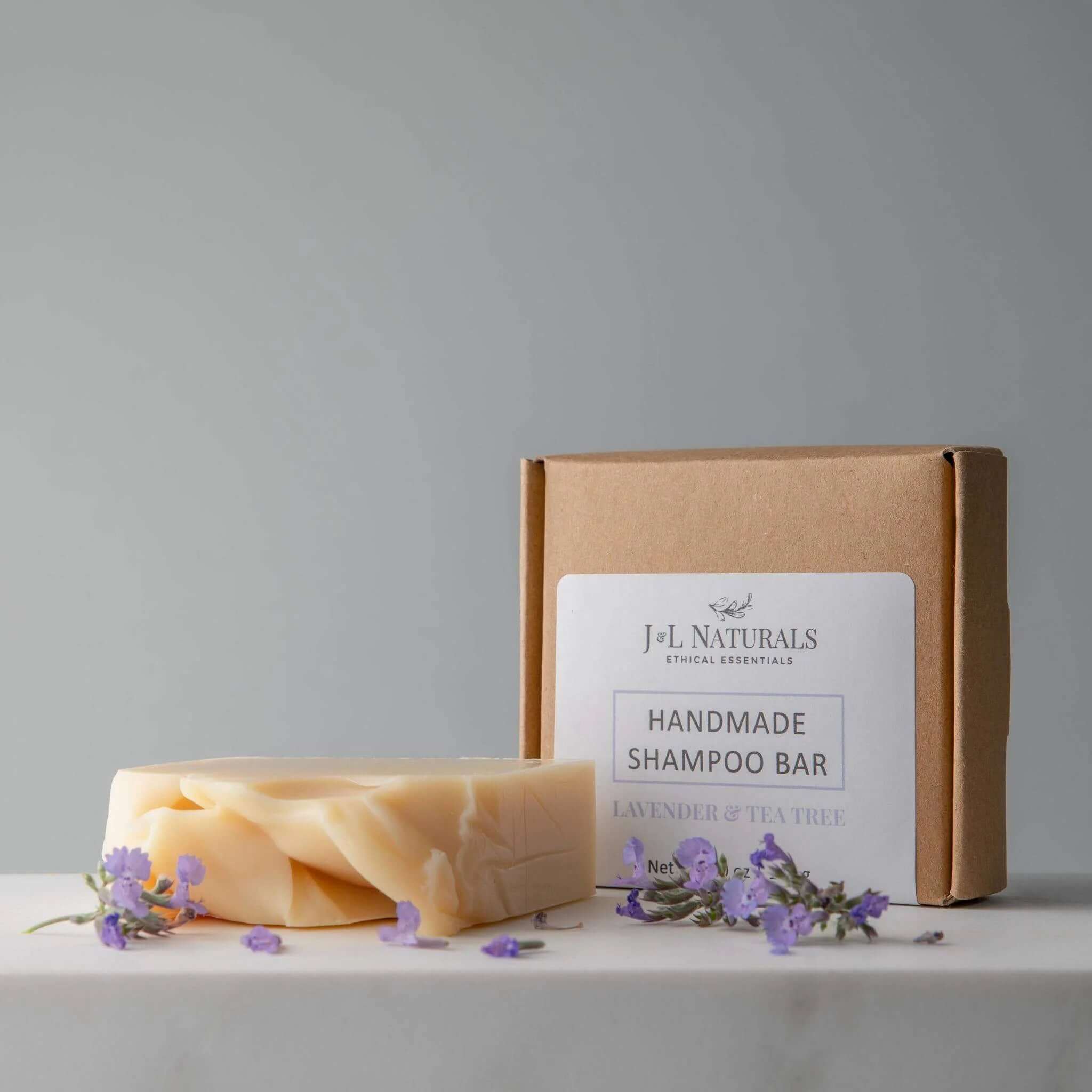 Menβs natural beard shampoo bar duo set with lavender and tea tree scent in eco-friendly packaging