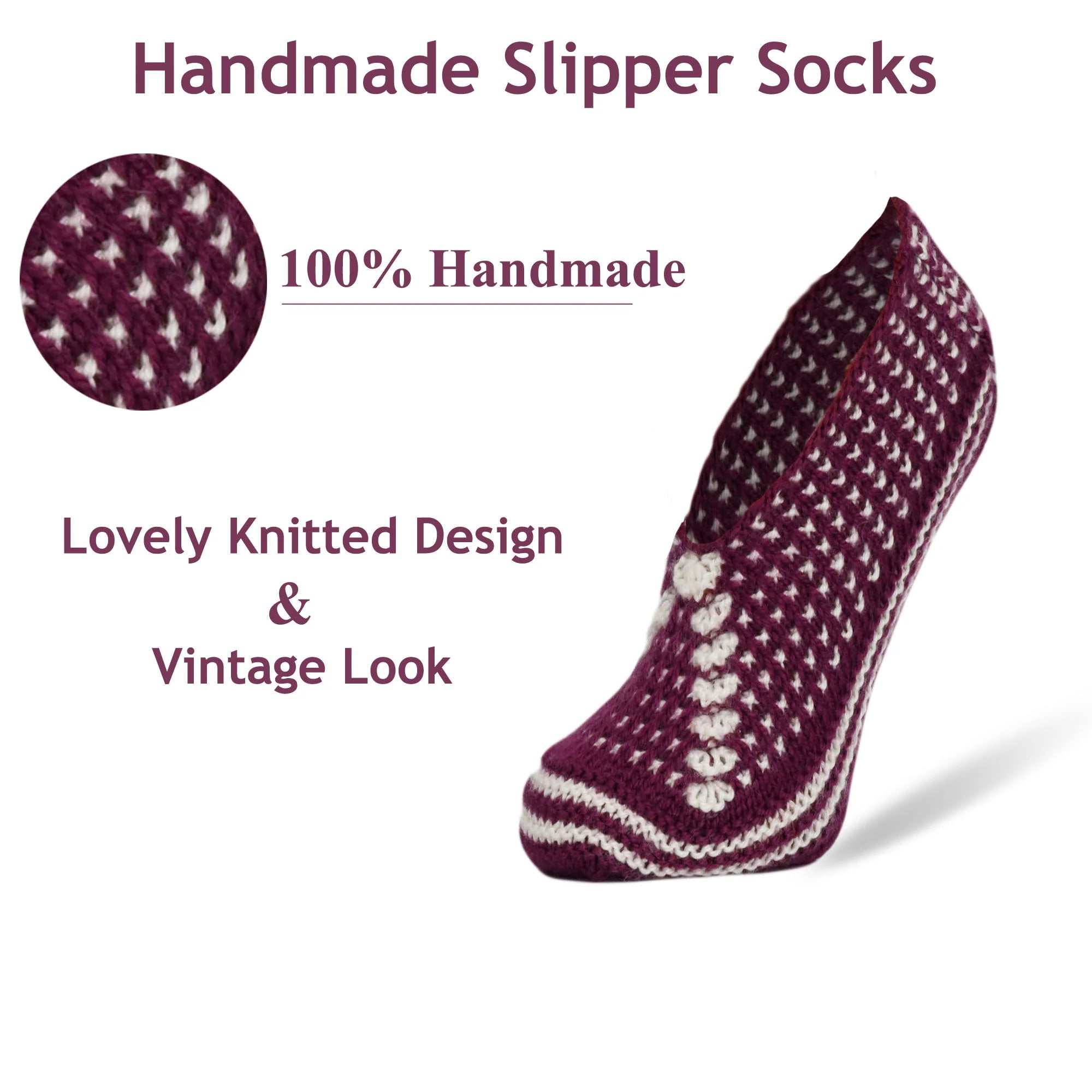 Handmade knitted slipper socks in burgundy with vintage design, 100% handmade for warmth and comfort.