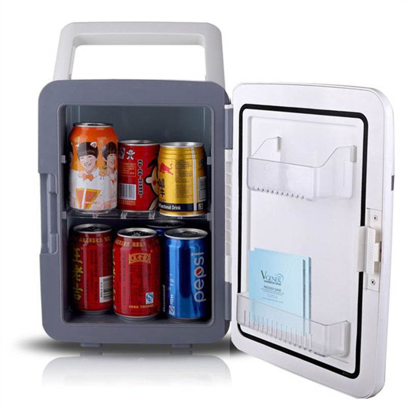 Compact household refrigerating box with 6-10L capacity for cosmetics and beverages, white semiconductor cooler with 12V power supply.